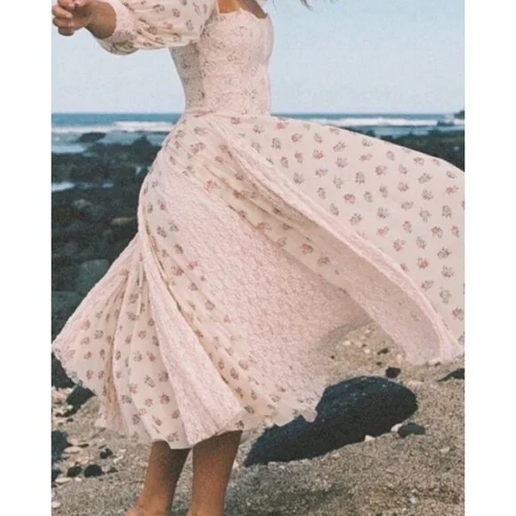 We Are HAH Maiden Memphis Corset Midi Dress in Almond Milk Cottagecore sz Large - Picture 13 of 14